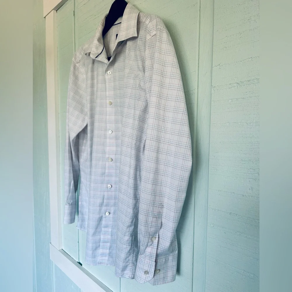 Bugatchi Button-Down Size 17 34/35 White Blue Pink Check Stretch LS (B9-1052)